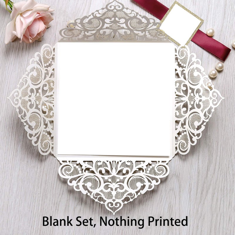 DreamBuilt 6.3 X 6.3 Inch 50PCS Blank Dark Gold Glitter Laser Cut Wedding Invitations With Envelopes Hollow Rose Pocket With Burgundy Ribbon Belly Band Wedding Invitation Cards For Wedding Invite - Image 2